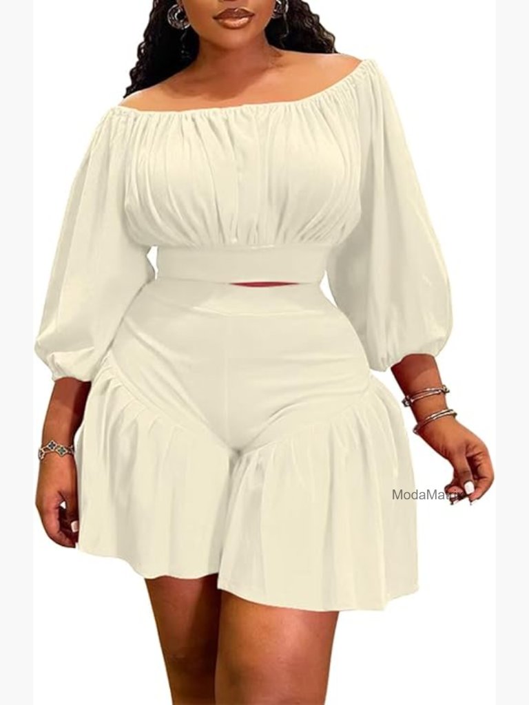 Plus Size 2 Piece Outfits Off Shoulder Crop Top And Ruffle Shorts Set